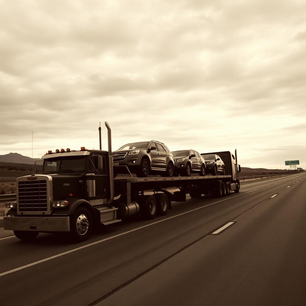Car hauler at dawn on an open highway
